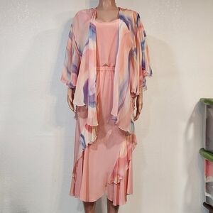 3pc Pink Polyesters And Silk Skirt, Shirt And Over Throw Butterfly Look Sz M